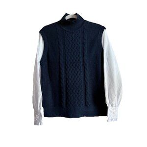 LOFT Cable Mixed Media Sweater Cotton Navy White Vest Shirt Duo Women’s Medium